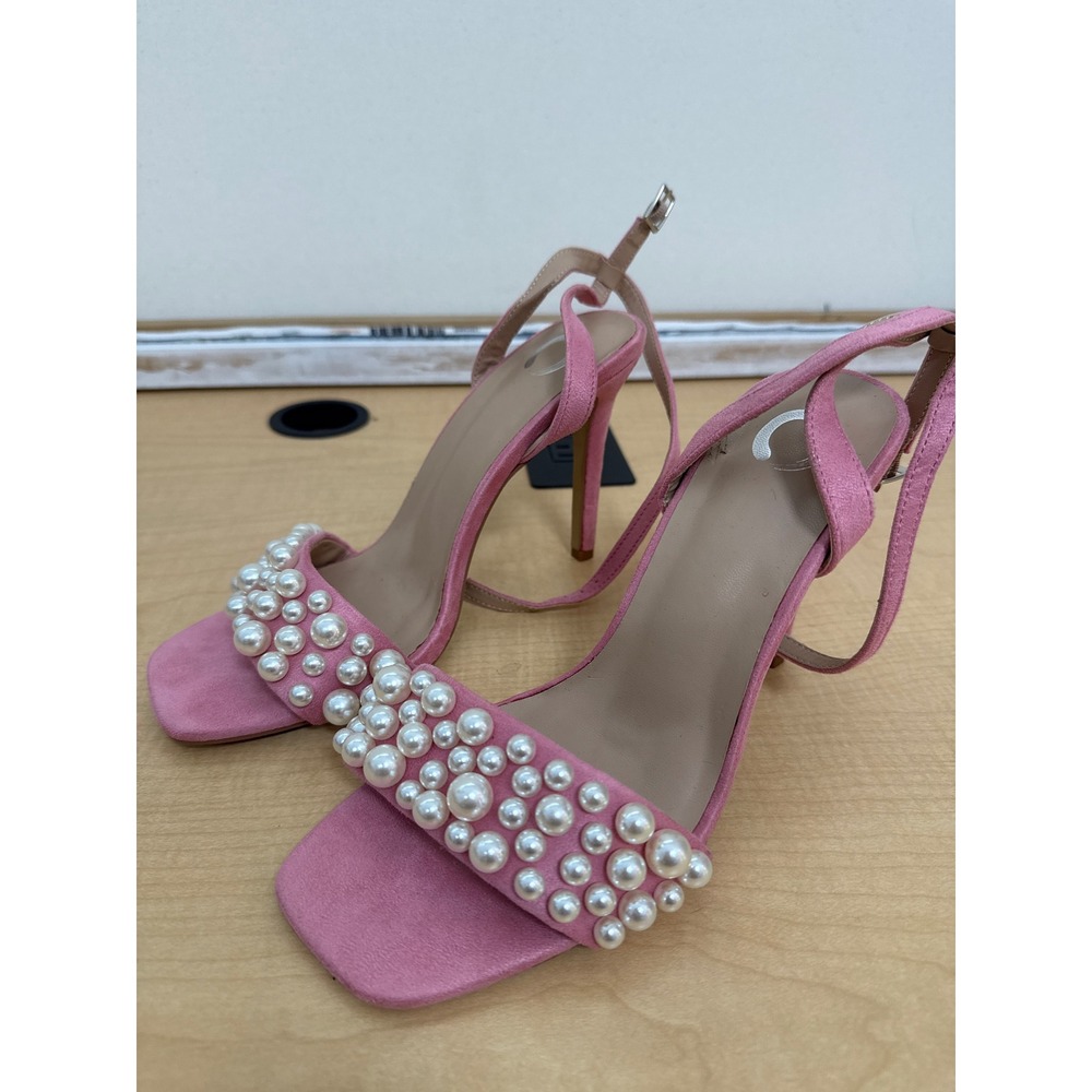 Journee Collection Pink Faux Suede Pearl Embellished Stiletto Sandals Size 8